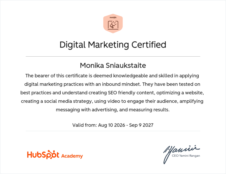 HubSpot Academy sertifikatas „Digital Marketing Certified“, išduotas Monikai Šniaukštaitei