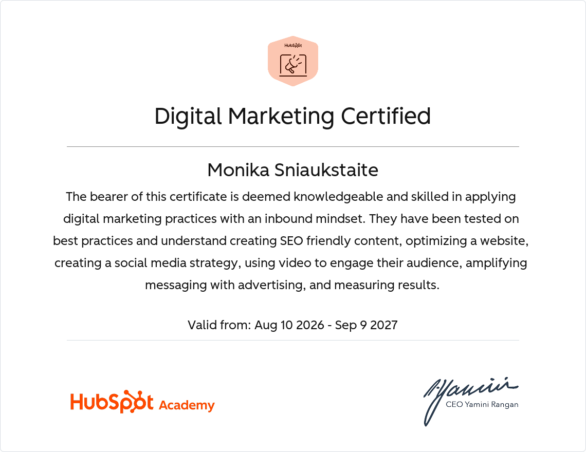 HubSpot Academy sertifikatas „Digital Marketing Certified“, išduotas Monikai Šniaukštaitei