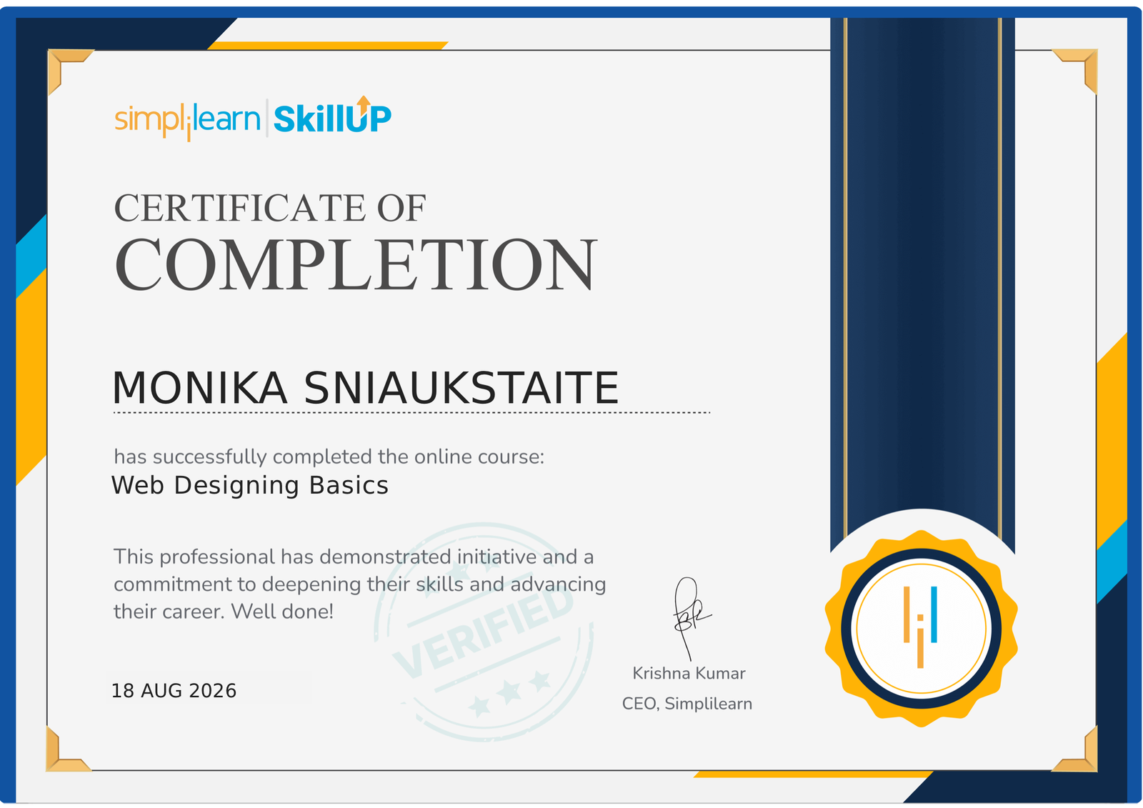 Simplilearn SkillUp sertifikatas „Certificate of Completion – Web Designing Basics“, išduotas Monikai Šniaukštaitei